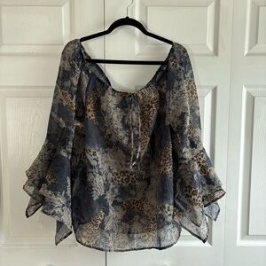 Ashley Stewart Animal Denim Print Flute Sleeve Blouse Y2K 14 Milkmaid Vintage US